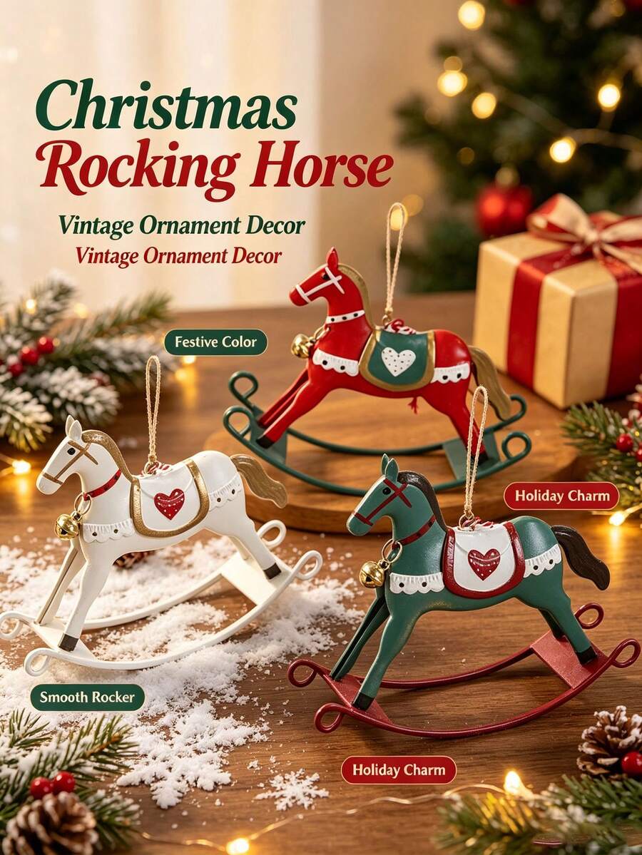 Vintage American Style Tin Rocking Horse Pendant, Red White Green Printed With Bell, Christmas Tree Holiday Decoration Hanging Ornament, Soft Home Decor
