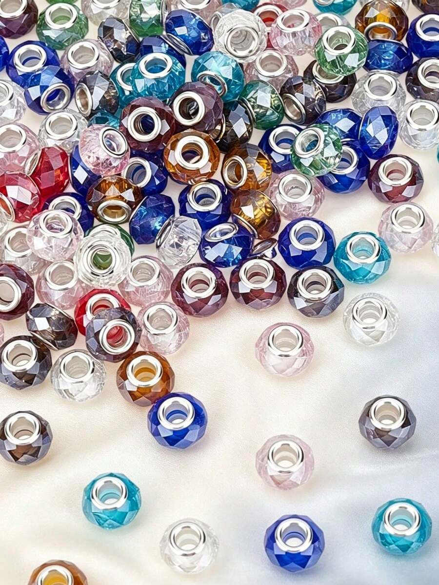 28/58/108pcs Multi-Faceted AB Color Acrylic Spacer Beads, Large Hole Design, Suitable For DIY Jewelry Making, Such As Bracelets, Necklaces And Earrings - Assorted Colors - View 1