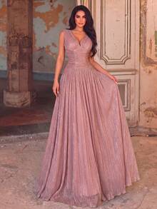 Women's Romantic Long Sleeve Deep V-Neck Dress, Pleated Detail Design, Flared Hem, Glamorous Style - Dusty Pink - View 5