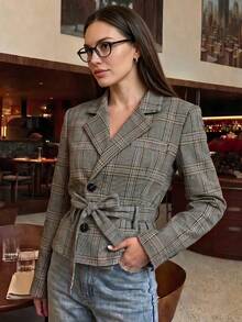 minisummer Women's Elegant Autumn Plaid Stand Collar Short Jacket, Front Button Long Sleeve Coat With Self-Tie Waist And Ruffle Hem, Slim Fit - Multicolor - View 2