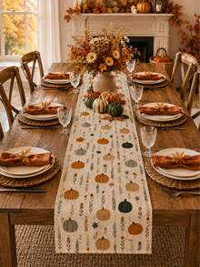 1件裝秋季南瓜餐桌桌旗，復古農舍風亞麻秋季用餐桌旗，感恩節豐收晚餐派對裝飾桌旗，室內外用餐桌佈置 - 彩色 - 查看 9