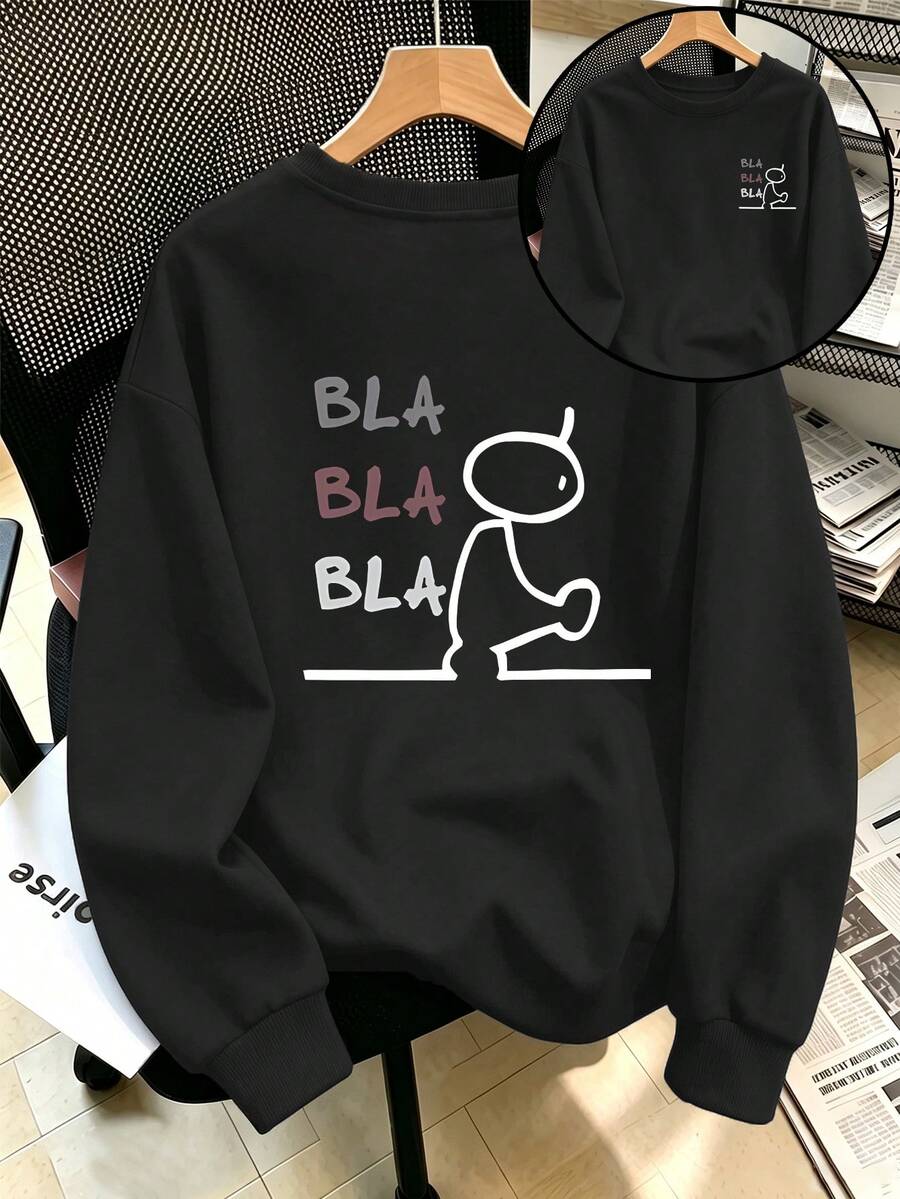 Plus-Size Women's Casual Sweatshirt With A Simple "BLA BLA BLA" Graphic Double-Sided Print, Perfect For Everyday Street Style In Autumn And Winter. - Black - View 1