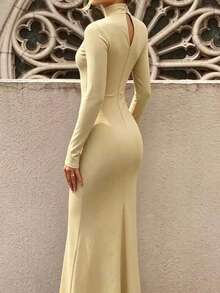 Women's Solid Color High Neck Long Sleeve Slim Fit Casual Long Dress - Apricot - View 2