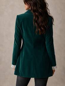 Women's Vintage Green Velvet Lapel Jacket, Autumn/Winter Long Sleeve Button Design, Old Money High-End Commute Vintage Blazer Fall - Green - View 2