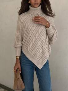 Women's AutumnWinter Fashion Solid Color High Neck Batwing Sleeve Asymmetric Hem Sweater - Dark Apricot - View 1