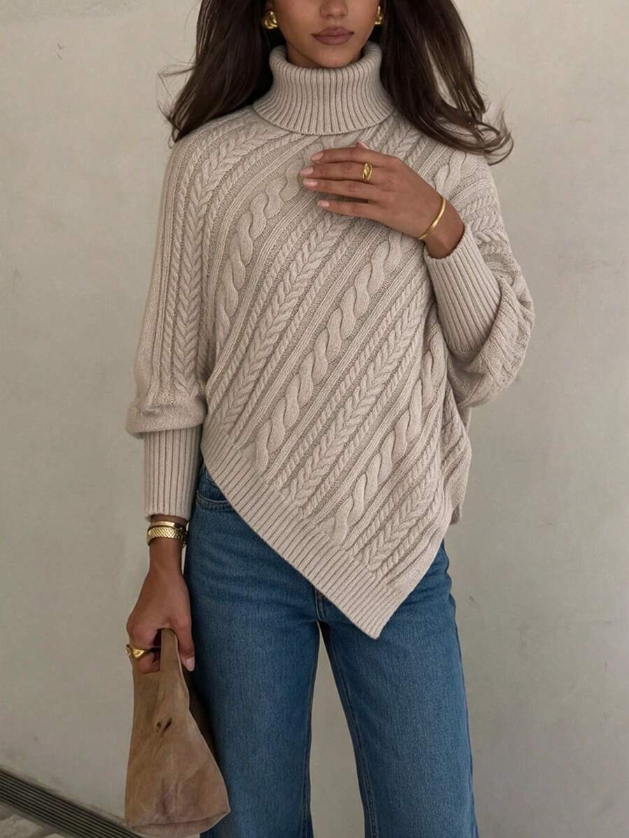 Women's AutumnWinter Fashion Solid Color High Neck Batwing Sleeve Asymmetric Hem Sweater - Dark Apricot - View 1