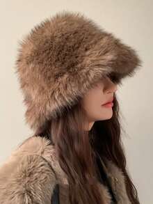 Autumn Minimalist Faux Fox Fur Bucket Hat, Thick Warm Plush Hat, Cold-Proof Versatile Ear-Flap Hat, Face-Slimming Bucket Hat - Multicolor - View 2