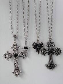 4pcs Vintage Gothic Style Alloy Carved Sword Heart Cross Necklace Suitable For Women Street Party Wear - Multicolor - View 3