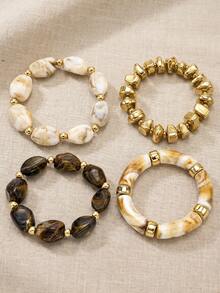 4pcs French Vintage Slouchy Resin Marble Pattern Elastic Beaded Bracelet Set, Suitable For Women Daily Autumn/Winter Vacation Photography Artistic Outfit Gift - Multicolor - View 3