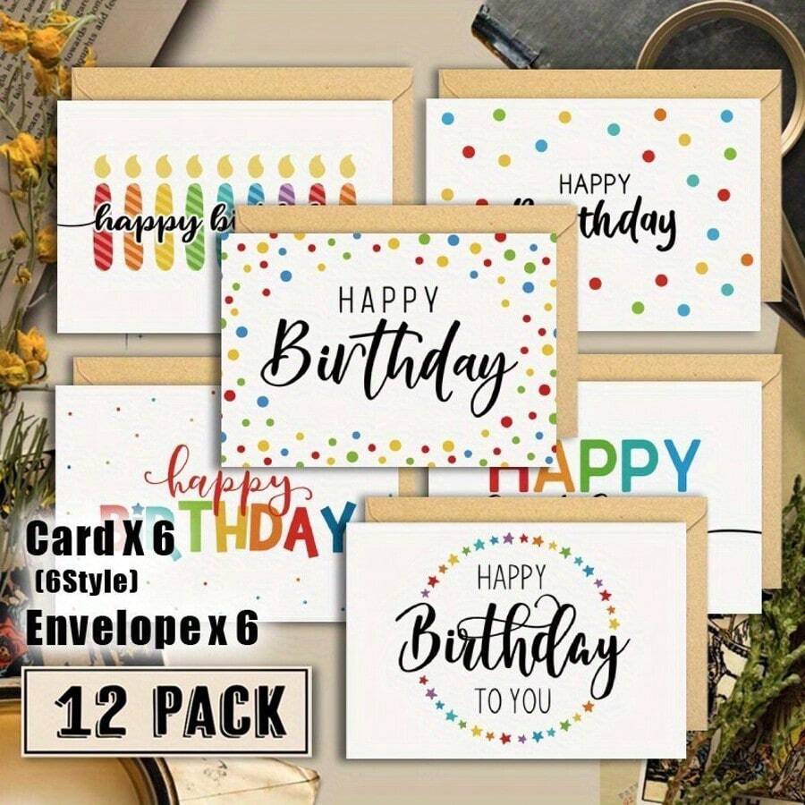 12 Birthday Cards, Including 6 Cards And 6 Envelopes, Blank Birthday Cards Wholesale, Suitable For Family, Friends, Colleagues, Birthday Blessing Decorations, Birthday Cards - View 1