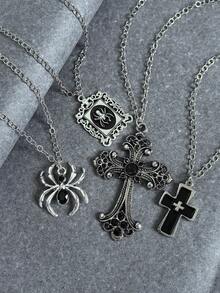 4pcs Cool Gothic Style Alloy Photo Frame Spider Cross Pendant Necklace Suitable For Women Street Party Wear - Multicolor - View 6