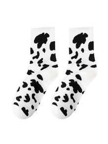 3/5/10 Pairs Men's Cow Print Mid-Calf Socks, Black And White Spotted Socks, Soft Breathable Casual Street Style Mid-Calf Socks - Black and White - View 3