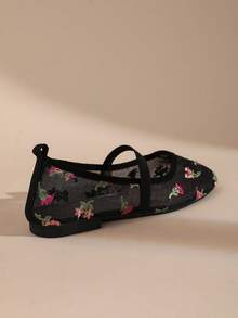 Women's Square Toe Mesh Embroidered Mary Jane Ballet Flats, Breathable Single Strap Flat Shoes - Black - View 4