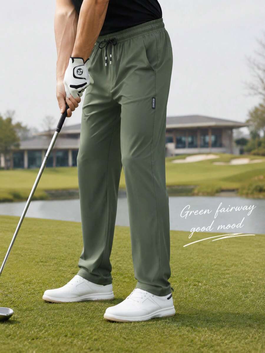 Men's Solid Color Drawstring Sports Long Pants, Outdoor Hiking Golf Daily Wear Pants, Drape Straight Leg Casual Pants, Sports Fitness Pants - Green - View 1