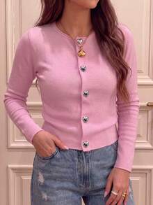 Sweater Pullover Rajut Lengan Panjang Leher Bulat Warna Pink untuk Wanita, Potongan Reguler - Berwarna merah muda - View 4