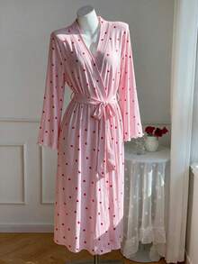 Elegant Pink Comfortable Loose Flared Sleeve Long Bathrobe For Teen Girls,Full Of Heart-Shaped Patterns And Waist Belt,Suitable For Daily Home Wear - Pink - View 3