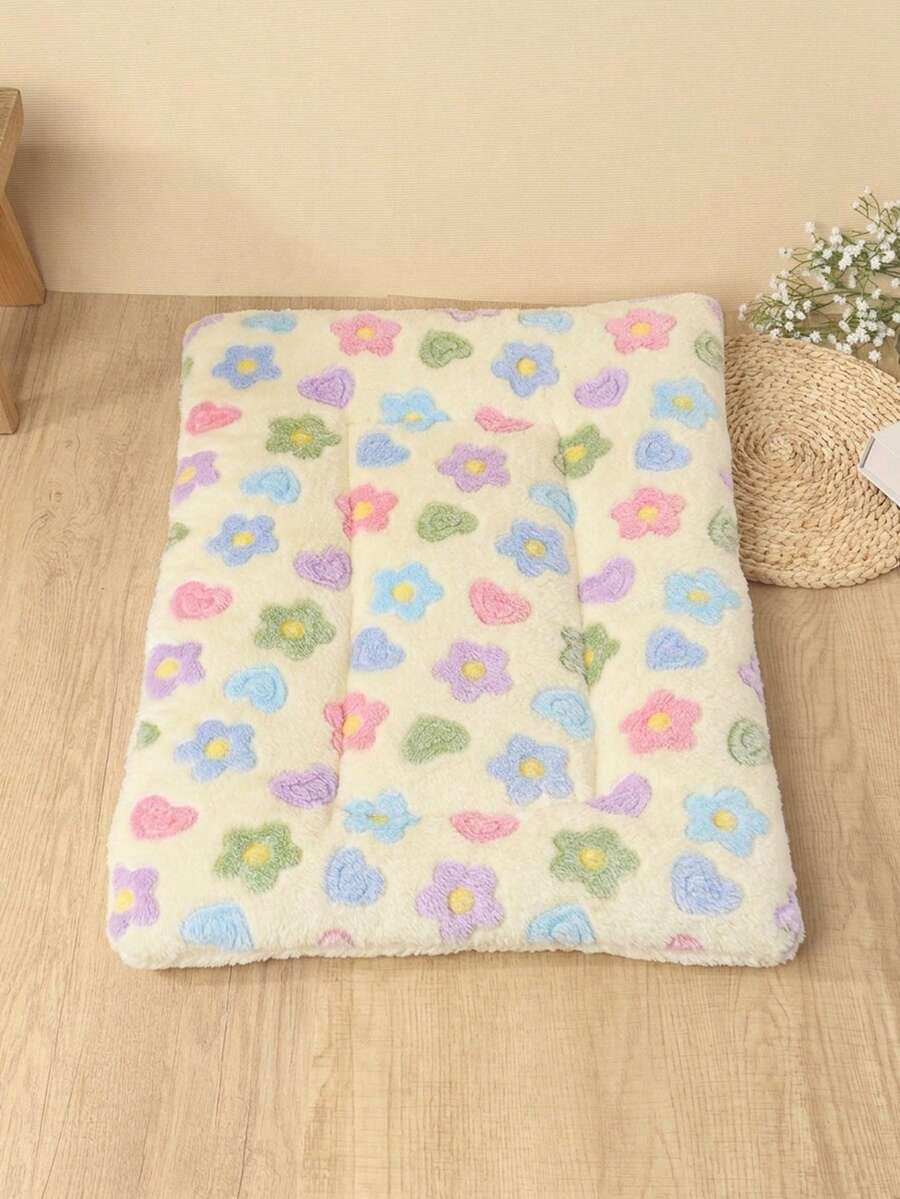 Yellow Multicolor Floral Print Thickened Polyester Pet Bed Mat, Breathable Comfortable Washable All-Season, Suitable For Small And Medium Cats And Dogs, Suitable For Teddy And Other Pets, Not Suitable For Large Dog Breeds