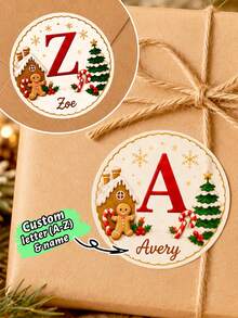 LICVIC Custom Christmas Initial Name Stickers, Personalized Gingerbread Letter Gift Labels, Festive A-Z Holiday Style, Customized Christmas Stickers For Gift Wrapping, Customizable Name Labels, Present Decor, Christmas Cards, Holiday Gifts, Round Sticker - Style G - View 1