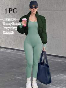 女款戶外收腹提臀連身褲，無縫一體式純色百搭連身褲，3D剪裁，吸濕排汗運動冬季款 - 霧霾藍 - 查看 1