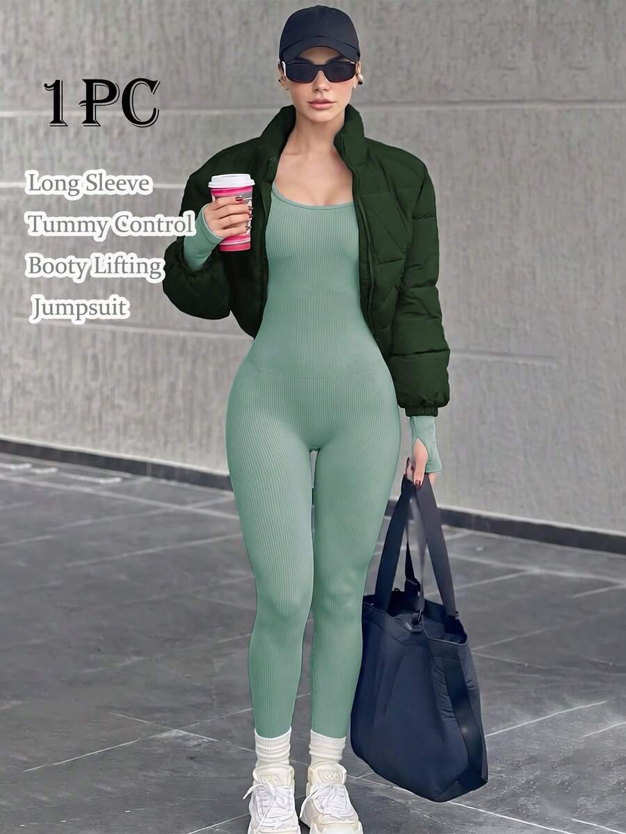 女款戶外收腹提臀連身褲,無縫一體式純色百搭連身褲,3D剪裁,吸濕排汗運動冬季款 - 霧霾藍 - 查看 1