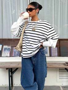 Autumn/Winter New Women's Round Neck Striped Loose Fit 2 In 1 T-Shirt - White - View 2