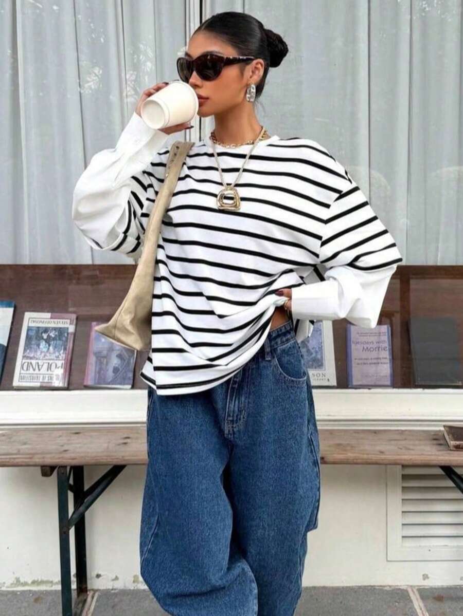 Autumn/Winter New Women's Round Neck Striped Loose Fit 2 In 1 T-Shirt