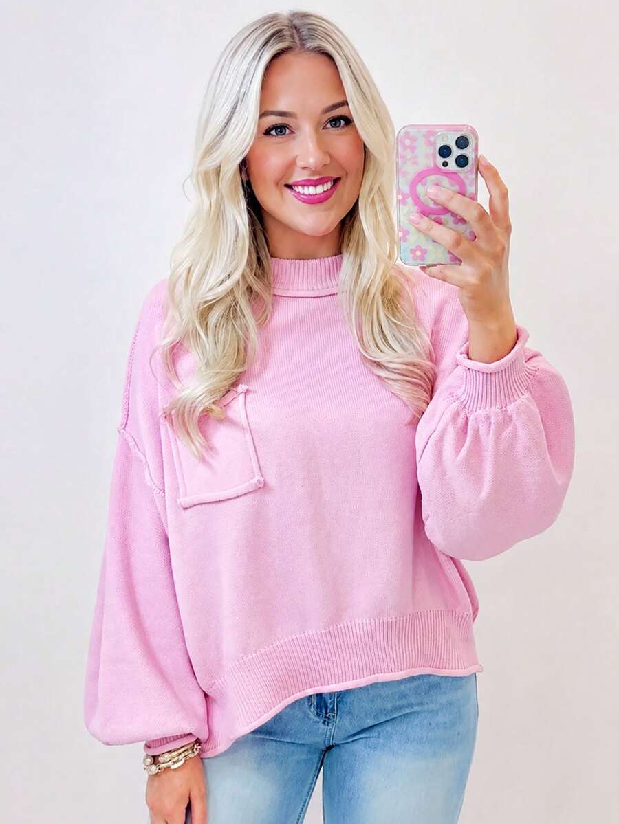 Acelitt Pink Collar Casual Pocket Cuffed Sweater, Valentine's Day - Pink - View 1