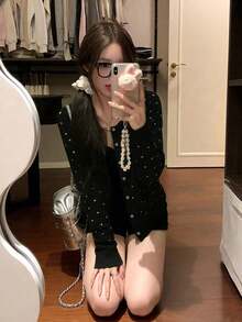 女款圓領針織開襟衫，寬鬆慵懶顯瘦短版外套上衣 - 黑色 - 查看 8