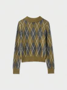 YROOE Vintage Diamond Checkered Collar Long Sleeve Women's Sweater, Autumn/Winter - Multicolor - View 3
