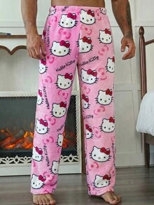 SANRIO 男士卡通拼色拼接睡褲，洋紅色 + 粉色不對稱 KT 全印花圖案，彈性高腰設計，寬鬆直筒版型，柔軟毛絨面料親膚舒適，休閒居家長褲，寬鬆版型，趣味印花，適合日常居家穿著 - 彩色 - 查看 5