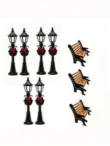 Mini Christmas Street Lamp & Park Bench Set, Holiday Use, Vintage Black Floral Lamp & Mini Wooden Bench, Winter Miniature Landscape 3D Decoration, Suitable For Christmas Desktop Fairy Garden Decor - Multicolor - View 8