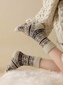 5 Pairs Women's Fair Isle Thermal Lined Thick Mid-Calf Socks, Retro Mori Style, Autumn/Winter - Multicolor - View 5