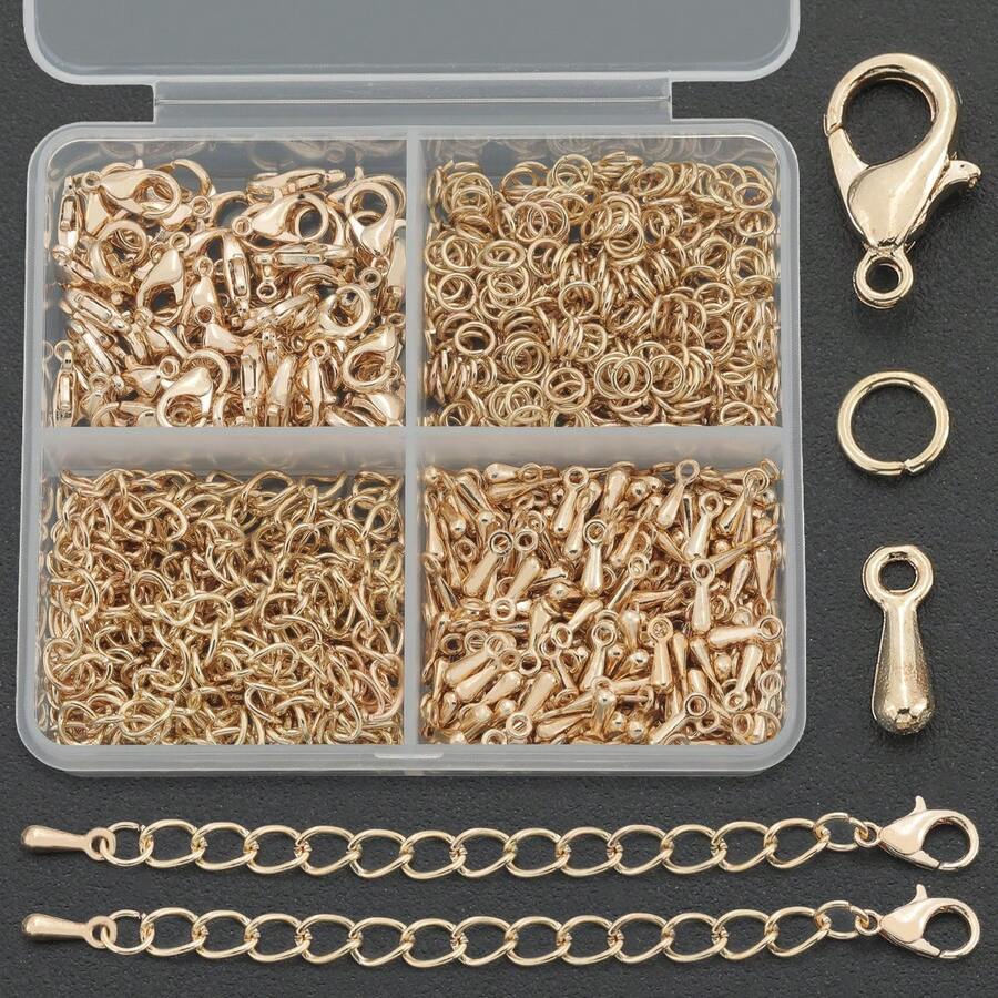 150pcs/300pcs KC Golden DIY Handmade Extension Chain Jewelry Making Kit, Includes (12*7mm) Lobster Clasp, (7*5mm) Jump Rings, Water Drop Pendant, 5-Section Chain, Suitable For DIY Beaded Tail Chain, Jewelry Extension Chain, Jewelry Clasp, Open Connector Ring, Hand & Foot Jewelry Connector, Jewelry Accessories Handmade Craft Materials - Accessory Set - View 1