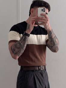 Men's Summer Round Neck Contrast Color Short Sleeve Knit Sweater, Suitable For Summer Outings, Fashion Essential - Brown - View 6