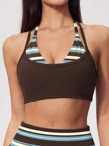 Sodalemon Women's 2 In 1 Striped Colorblock Yoga Sports Bra, Halter Neck Double Strap Padded Backless Gym Pilates Workout Top - Brown - View 7