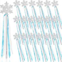 6/12/24pcs Elegant Silver Snowflake Magic Wands With Blue Ribbons, Winter Princess Magic Wands, Plastic Material, Suitable For Theme Party Decoration, Winter Theme Party Decoration, Durable Plastic Snowflake Decoration Sticks - A - View 2