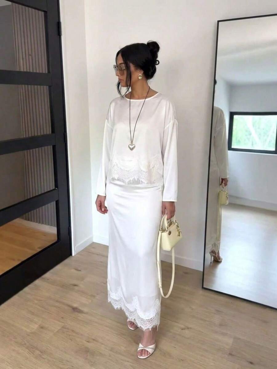 Women's White Non-Stretchy Two Pieces Outfits Sleeve Lace Trim Maxi Set For Daily Lounge Wear - White - View 1