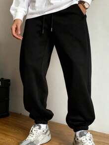 Men's Summer Comfortable Fit Drawstring Waist Seasonal Jogger Black Sport 3-Thread Sweatpants RF0649 - Black - View 1