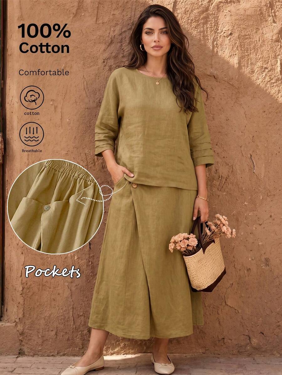 Spring/Summer Solid Color Casual Multi-Layer Ruffle Cuff Blouse And Asymmetrical Button Design Pocket Skirt Two Pieces Set, Vintage All-Match Elegant - Khaki - View 1