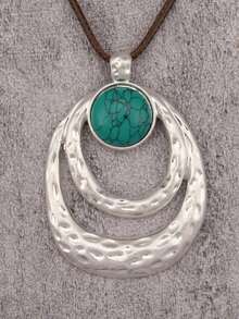 1pc Bohemian Western Cowboy Style Double Layer Asymmetrical Oval Ring Pendant Necklace With Faux Turquoise Inlay, Halloween Party Gathering Daily Accessory, Unisex Couple Necklace - Wax Rope - View 1