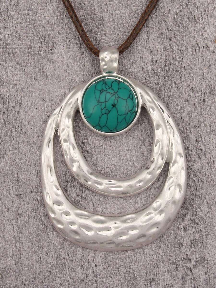1pc Bohemian Western Cowboy Style Double Layer Asymmetrical Oval Ring Pendant Necklace With Faux Turquoise Inlay, Halloween Party Gathering Daily Accessory, Unisex Couple Necklace - Wax Rope - View 1