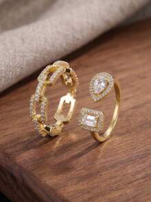 2pcs Fashion Water Drop Square Hollow Lock Ring Asymmetrical Open Blue Turquoise Ring Set - Style 8 - View 8