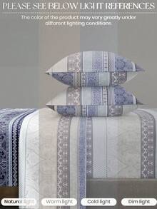 4-Piece Bohemian Pattern Bedding Set, Easy Care Soft Bedding Set, Includes 1 Flat Sheet + 1 Fitted Sheet + 2 Pillowcases, Suitable For King/Queen/Full/Twin Sizes, Deep Pocket Fitted Sheet Up To 11.8 Inches, Soft Breathable Wrinkle-Resistant - Blue - View 7