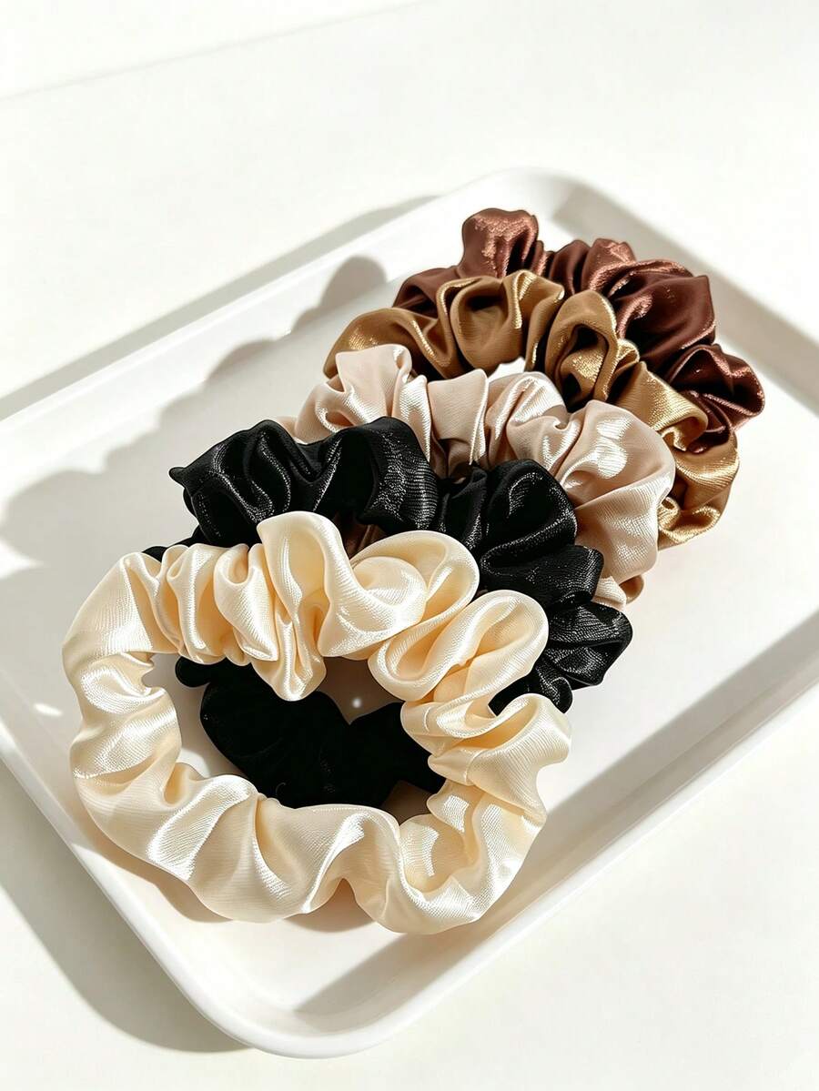 5pcs Girls Satin Solid Color Elegant Hair Ties, Minimalist 5-Color Hair Scrunchies Suitable For Daily Wear - Multicolor - View 1