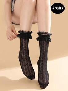 2/4 Pairs Women's Ruffle Lace Mid-Calf Socks, Heart-Shaped Mesh Hollow Lace Socks, Sweet Lolita Style Women's Socks - Multicolor - View 10