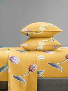 4-Piece Yellow Tulip Pattern Bedding Set, Easy-Care Soft Bedding Set, Fitted Sheet Set (1 Flat Sheet + 1 Fitted Sheet + 2 Pillowcases), Suitable For King, Queen, Full, Twin Sizes, Deep Pocket Fitted Sheet Design, Pillowcases Up To 11.8 Inches, Soft And Breathable, Wrinkle-Resistant - Yellow - View 1