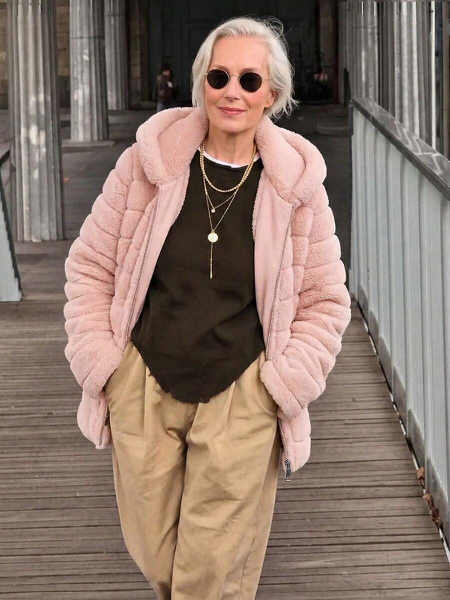 Women's Faux Fur Hooded Pocket Jacket - Perfect Choice For Autumn/Winter - Pink - View 1