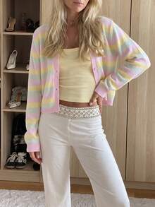 FOR BEAUTY Fall Winter French Chic Pastel Striped V Neck Button Front Knit Cardigan Sweater Tops Outerwear Women Street Coffee Dating Outfits - Multicolor - View 4