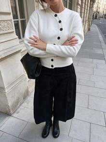 Women's Asymmetric Front Knit Cardigan, Puff Sleeve Slim Fit Office Top, Spring/Autumn - White - View 2