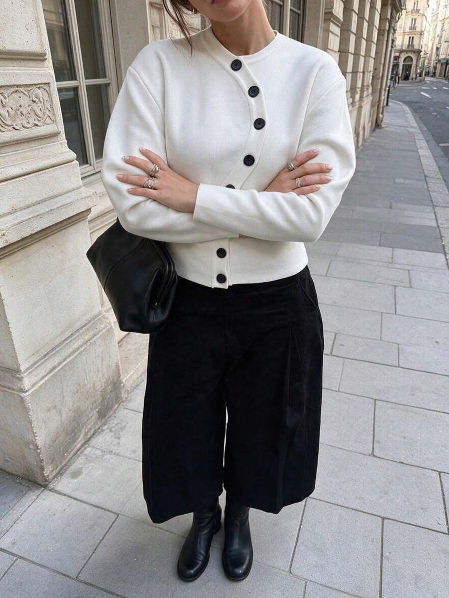 女款不對稱前襟針織開襟衫,泡泡袖修身辦公上衣,春秋款 - 白色 - 查看 1